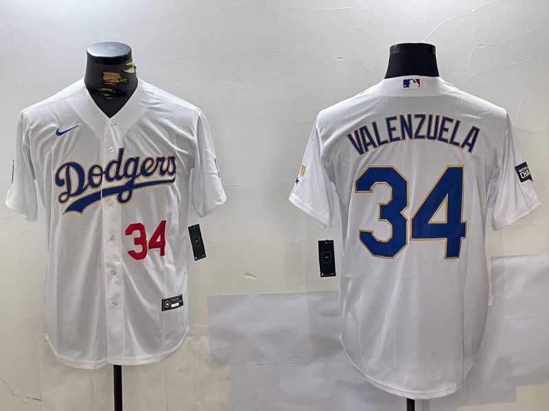 Men%27s Los Angeles Dodgers #34 Fernando Valenzuela Number White Gold Championship Stitched Cool Base Nike Jersey